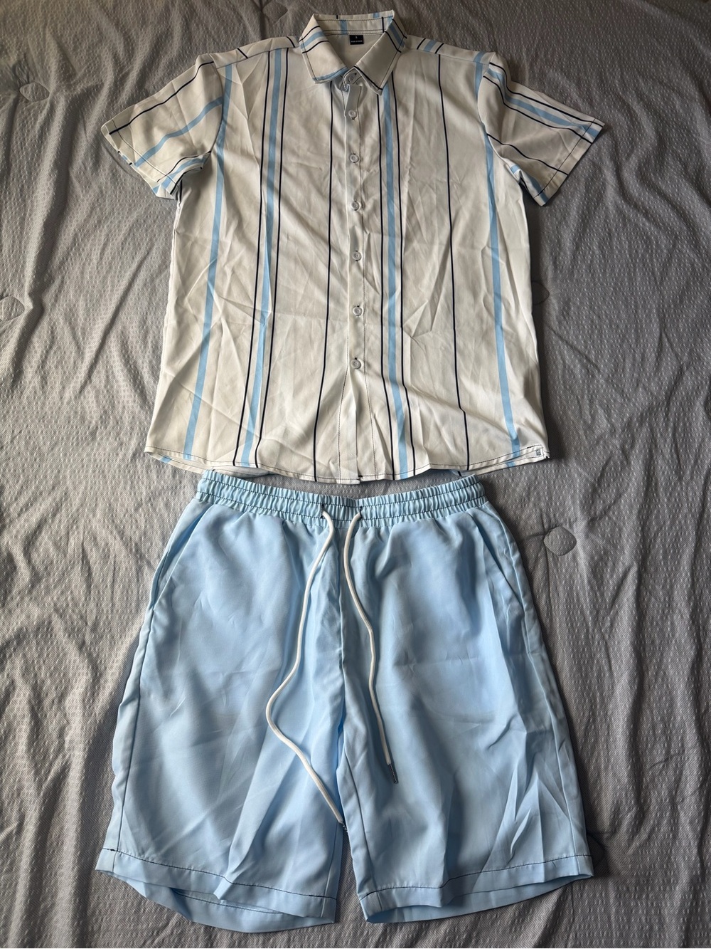 Blue & White Beach VacaStriped Short Sleeve Button Down & Drawstring Shorts Set